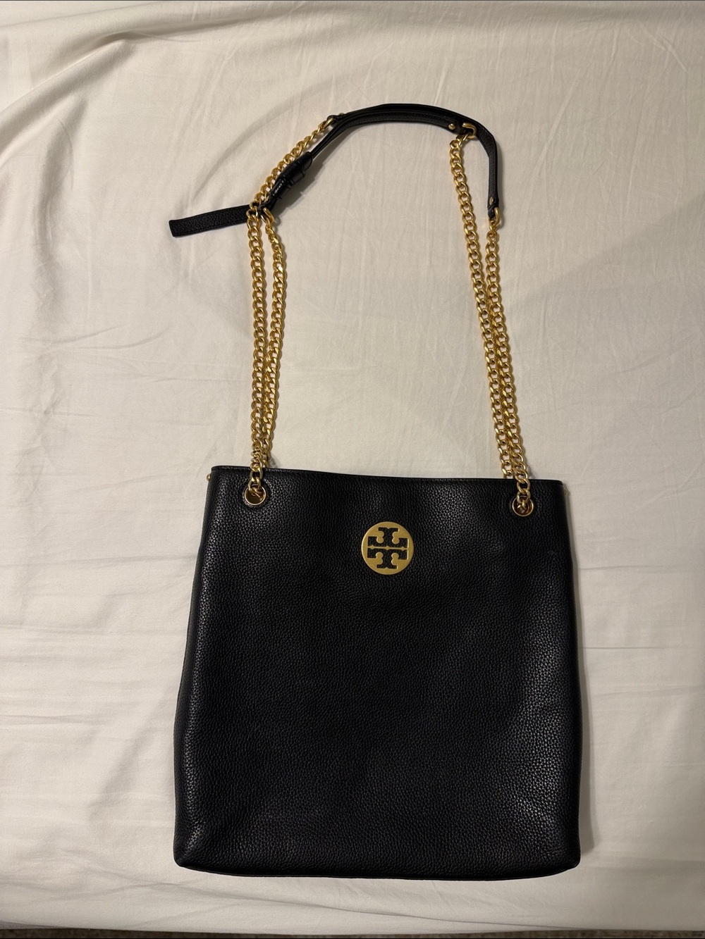 Tory Burch Black Pebbled Leather Shoulder Tote with Gold Hardware
